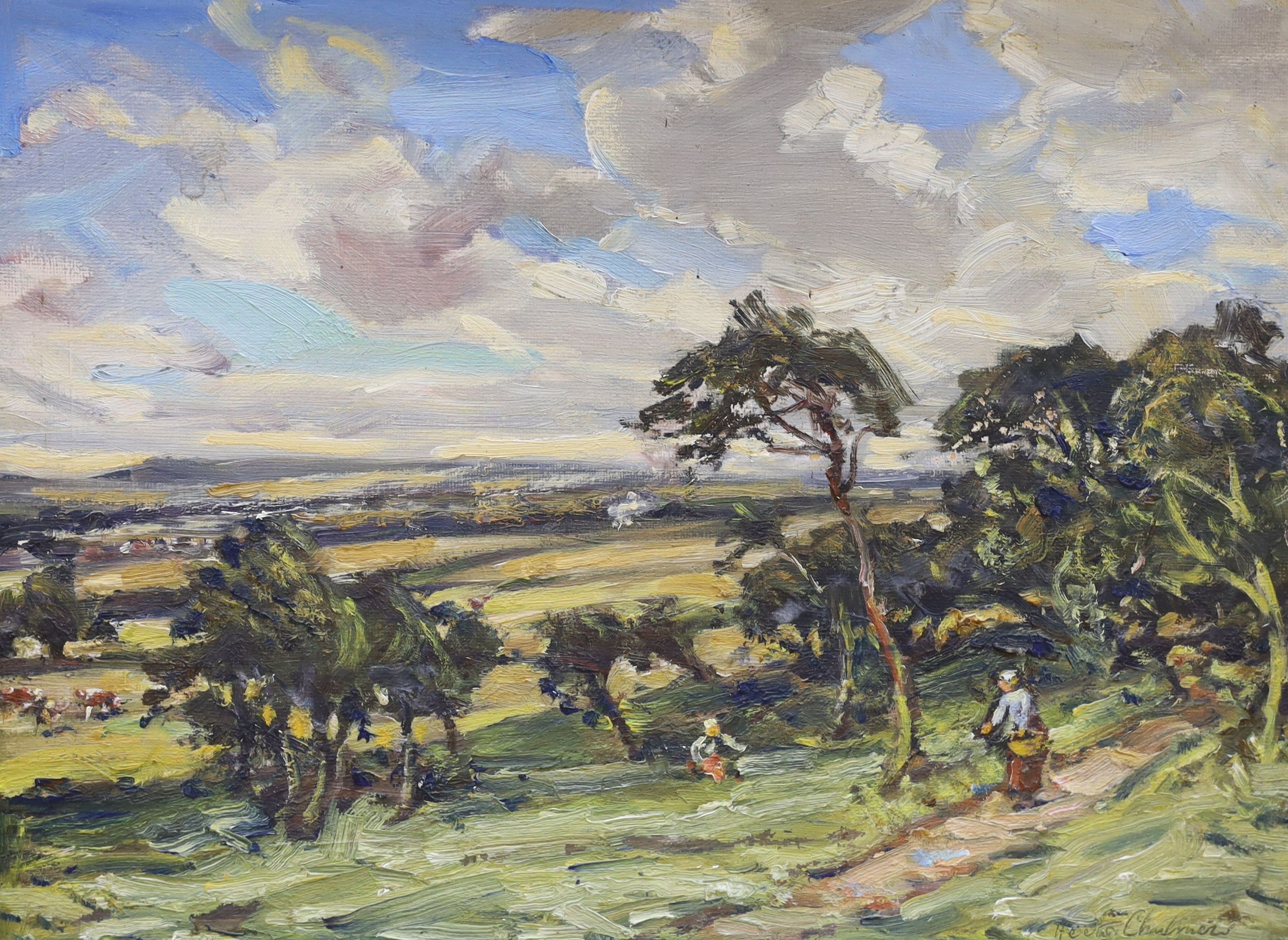 Hector Chalmers (1849-1943), oil on board, 'Above Bearsden looking towards Milgore', signed, 27 x 37cm, and another oil on board, River landscape, signed, 27 x 47cm